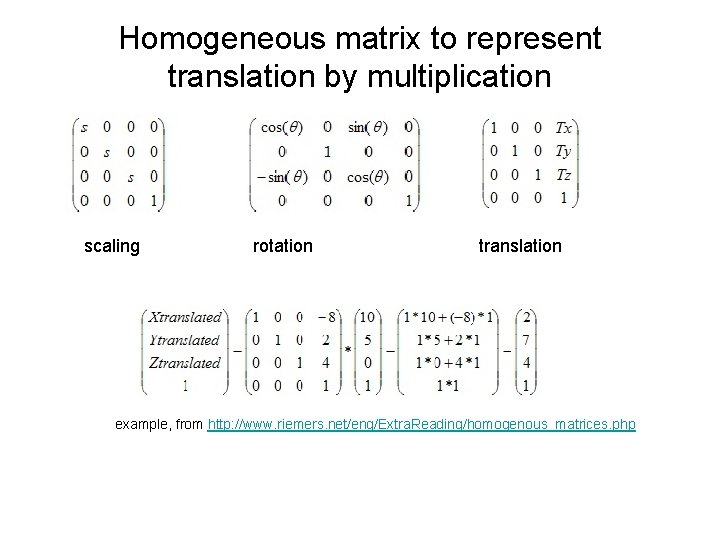 Homogeneous matrix to represent translation by multiplication scaling rotation translation example, from http: //www.