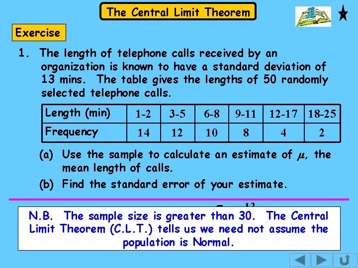 The Central Limit Theorem Exercise 1. The length of telephone calls received by an