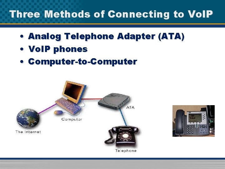 Three Methods of Connecting to Vo. IP • Analog Telephone Adapter (ATA) • Vo.