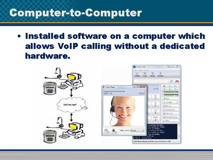 Computer-to-Computer • Installed software on a computer which allows Vo. IP calling without a