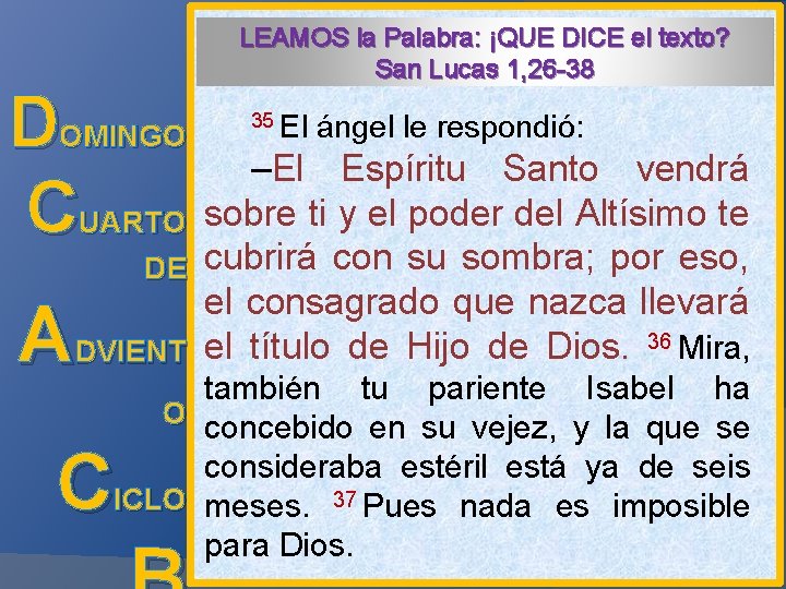 LEAMOS la Palabra: ¡QUE DICE el texto? San Lucas 1, 26 -38 le respondió: