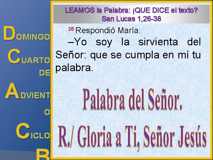 LEAMOS la Palabra: ¡QUE DICE el texto? San Lucas 1, 26 -38 DOMINGO –Yo