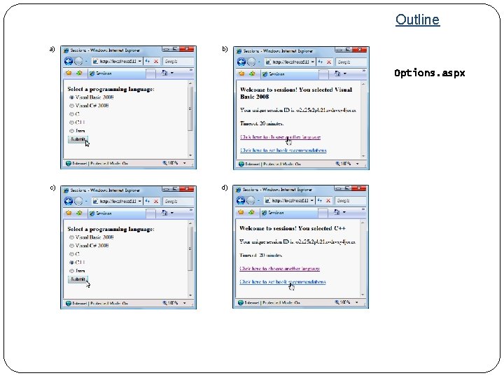 Outline a) b) Options. aspx c) 19 d) 