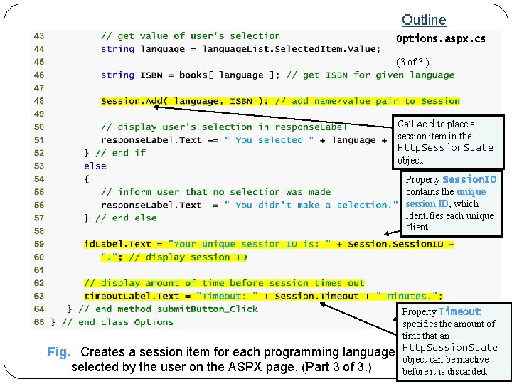 Outline Options. aspx. cs (3 of 3 ) Call Add to place a session