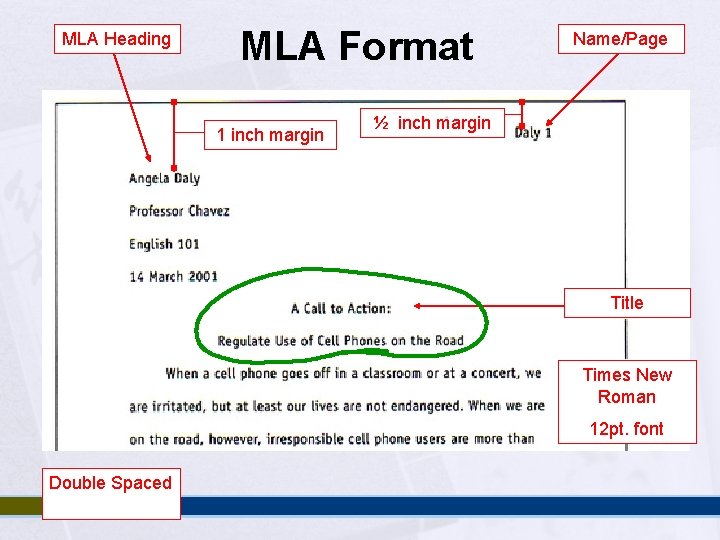 MLA Heading MLA Format 1 inch margin Name/Page ½ inch margin Title Times New MLA Heading MLA Format 1 inch margin Name/Page ½ inch margin Title Times New