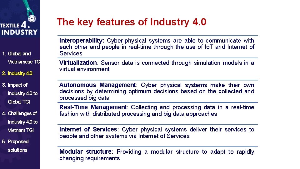 The key features of Industry 4. 0 1. Global and Vietnamese TGI 2. Industry