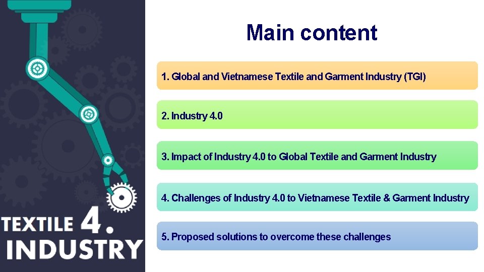 Main content 1. Global and Vietnamese Textile and Garment Industry (TGI) 2. Industry 4.