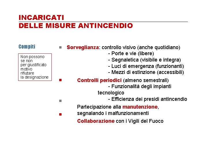 INCARICATI DELLE MISURE ANTINCENDIO Compiti Non possono se non per giustificato motivo rifiutare la