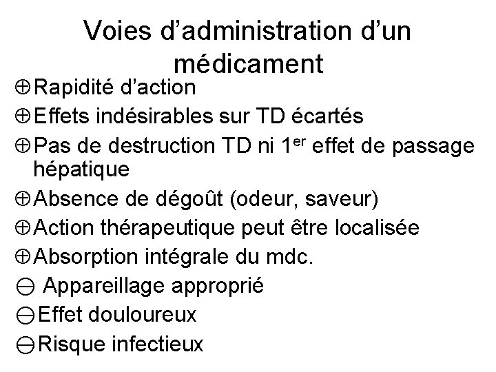 Voies d’administration d’un médicament Rapidité d’action Effets indésirables sur TD écartés Pas de destruction