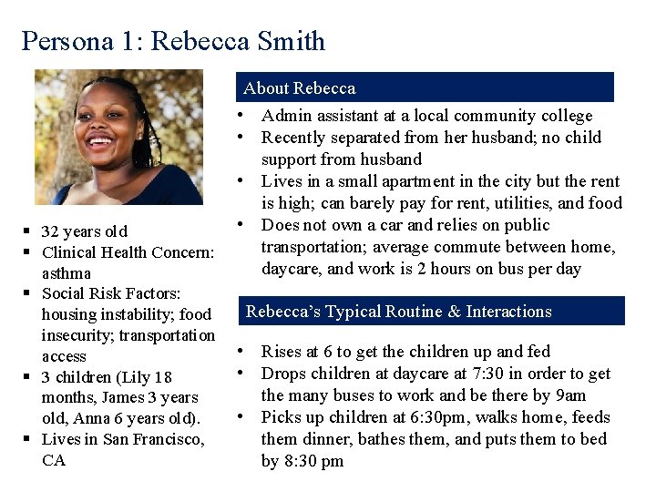 Persona 1: Rebecca Smith About Rebecca § 32 years old § Clinical Health Concern: