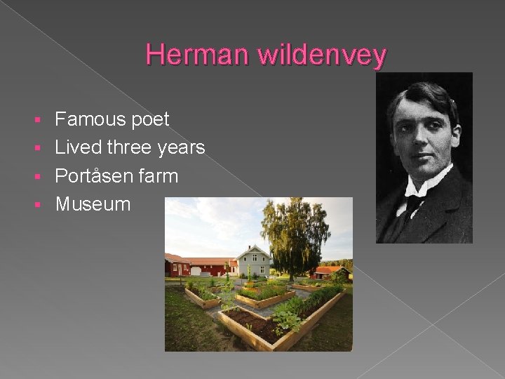 Herman wildenvey Famous poet § Lived three years § Portåsen farm § Museum §