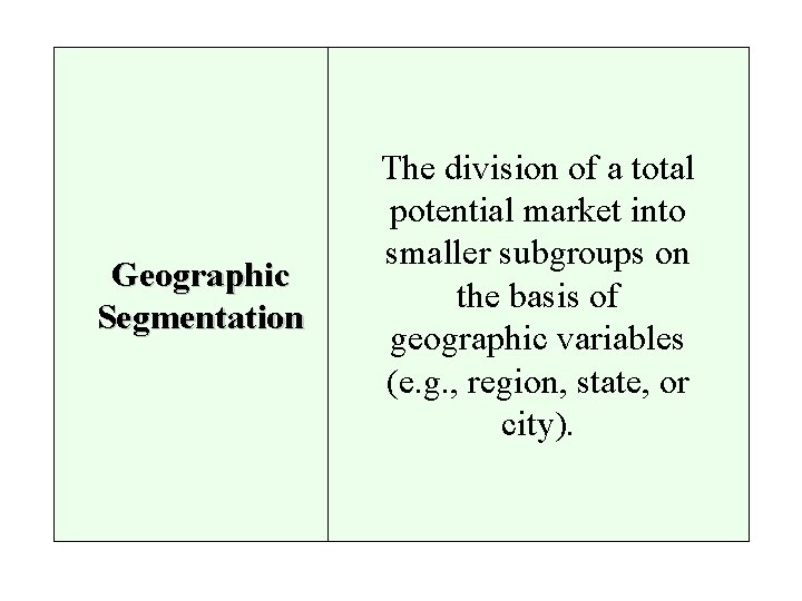 Geographic Segmentation The division of a total potential market into smaller subgroups on the