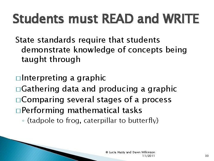 Students must READ and WRITE State standards require that students demonstrate knowledge of concepts