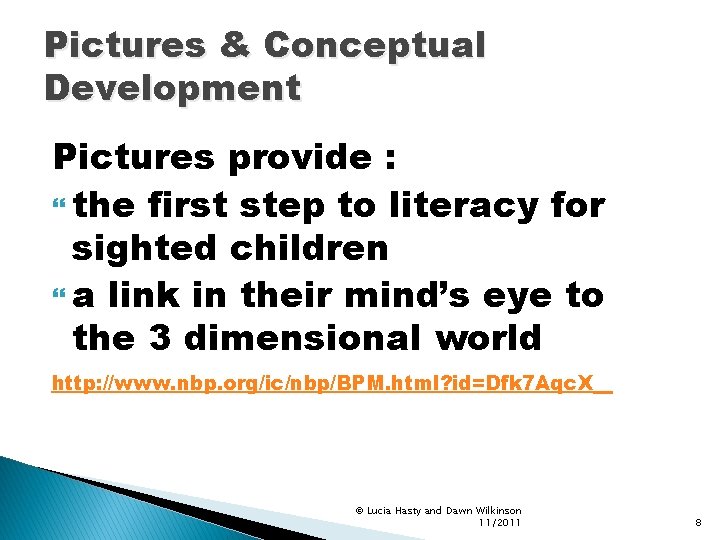 Pictures & Conceptual Development Pictures provide : the first step to literacy for sighted