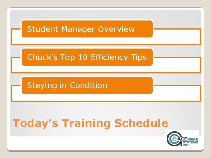Student Manager Overview Chuck’s Top 10 Efficiency Tips Staying in Condition Today’s Training Schedule