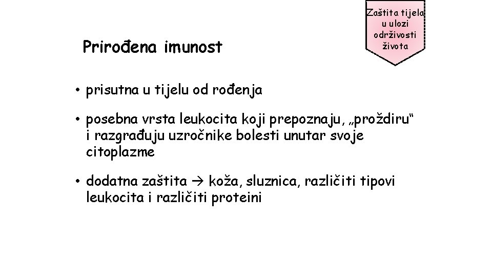 Prirođena imunost Zaštita tijela u ulozi održivosti života • prisutna u tijelu od rođenja