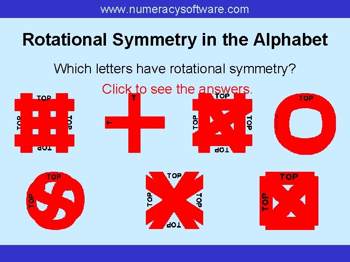 www. numeracysoftware. com Rotational Symmetry in the Alphabet Which letters have rotational symmetry? Click