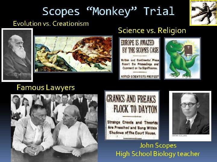 Scopes “Monkey” Trial Evolution vs. Creationism Science vs. Religion Famous Lawyers John Scopes High