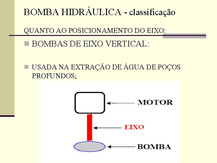 BOMBA HIDRÁULICA - classificação QUANTO AO POSICIONAMENTO DO EIXO: n BOMBAS DE EIXO VERTICAL: