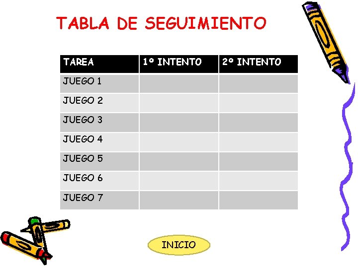 TABLA DE SEGUIMIENTO TAREA 1º INTENTO JUEGO 1 JUEGO 2 JUEGO 3 JUEGO 4