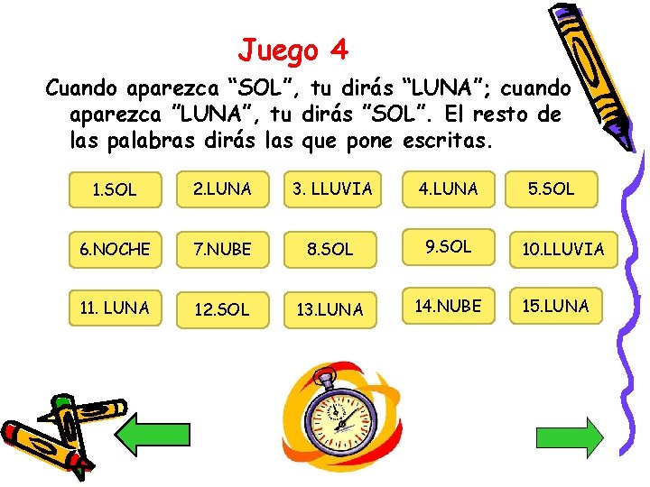 Juego 4 Cuando aparezca “SOL”, tu dirás “LUNA”; cuando aparezca ”LUNA”, tu dirás ”SOL”.