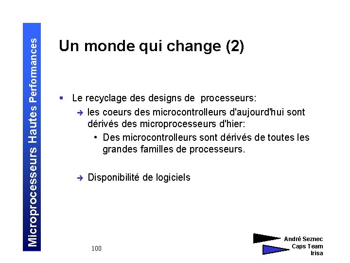 Microprocesseurs Hautes Performances Un monde qui change (2) § Le recyclage designs de processeurs: