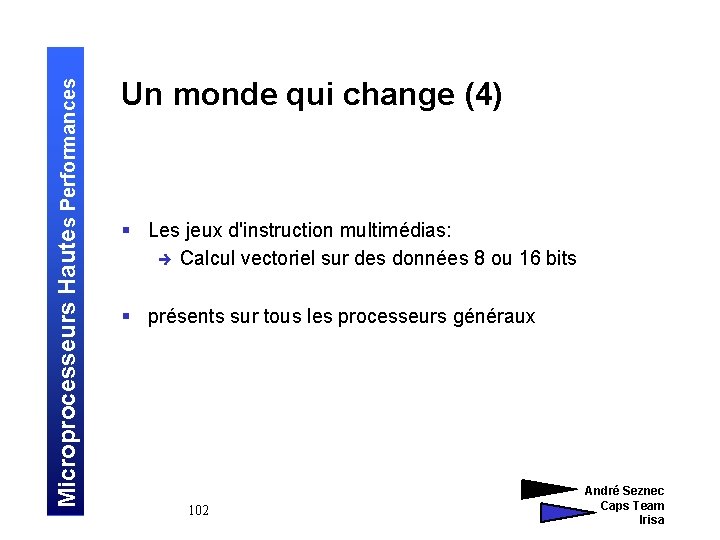 Microprocesseurs Hautes Performances Un monde qui change (4) § Les jeux d'instruction multimédias: è