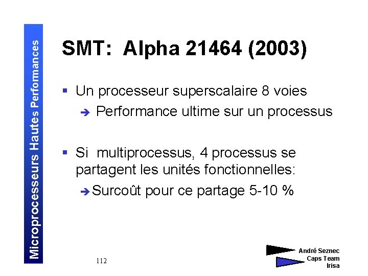 Microprocesseurs Hautes Performances SMT: Alpha 21464 (2003) § Un processeur superscalaire 8 voies è