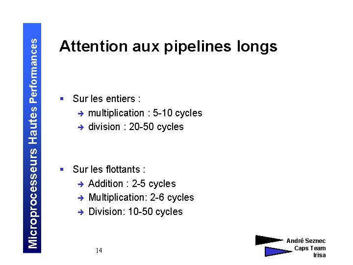 Microprocesseurs Hautes Performances Attention aux pipelines longs § Sur les entiers : è multiplication