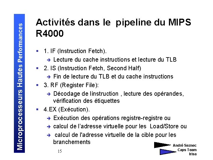Microprocesseurs Hautes Performances Activités dans le pipeline du MIPS R 4000 § 1. IF