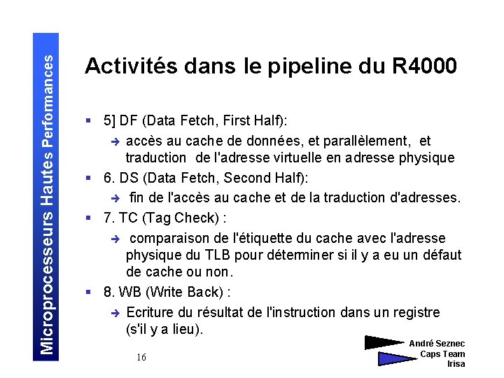 Microprocesseurs Hautes Performances Activités dans le pipeline du R 4000 § 5] DF (Data