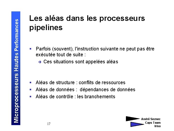 Microprocesseurs Hautes Performances Les aléas dans les processeurs pipelines § Parfois (souvent), l'instruction suivante