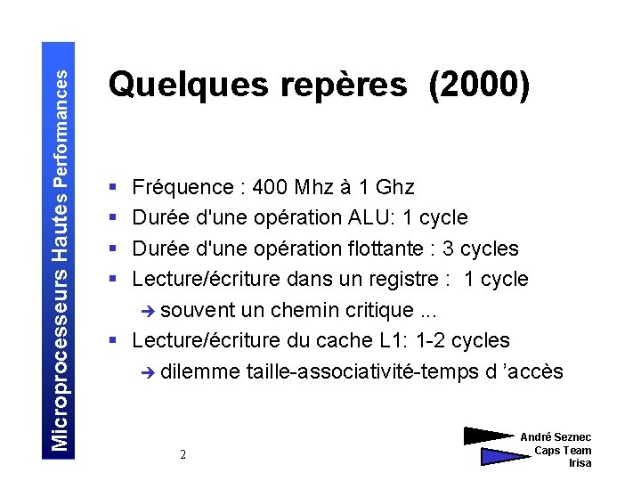 Microprocesseurs Hautes Performances Quelques repères (2000) § § Fréquence : 400 Mhz à 1