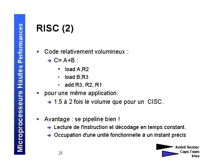 Microprocesseurs Hautes Performances RISC (2) § Code relativement volumineux : è C= A+B :