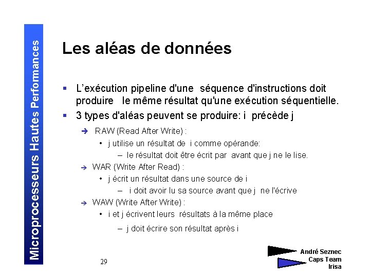 Microprocesseurs Hautes Performances Les aléas de données § L’exécution pipeline d'une séquence d'instructions doit