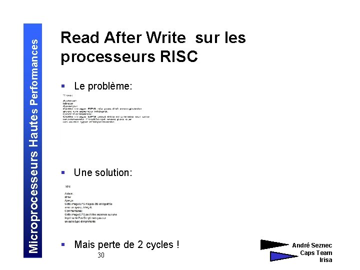 Microprocesseurs Hautes Performances Read After Write sur les processeurs RISC § Le problème: §