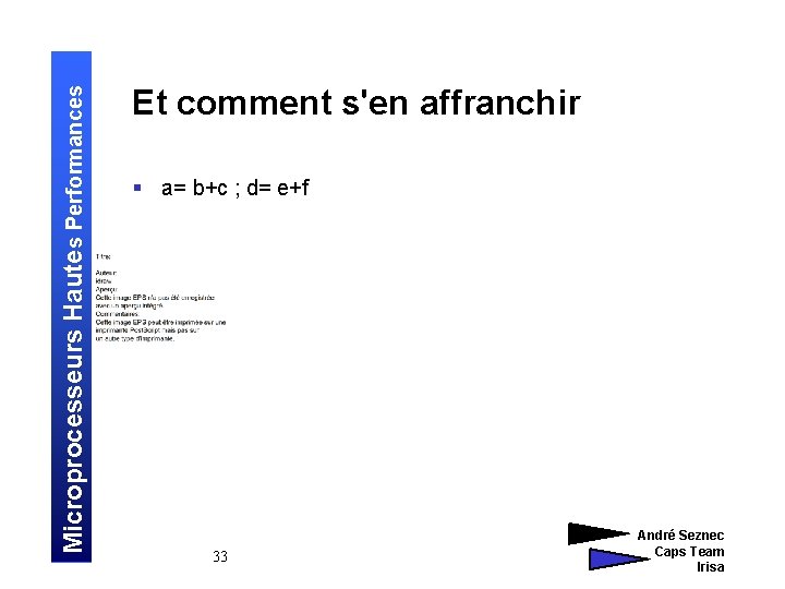 Microprocesseurs Hautes Performances Et comment s'en affranchir § a= b+c ; d= e+f 33