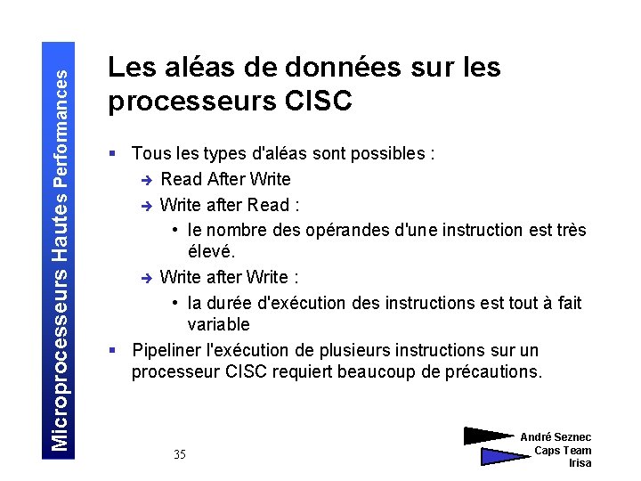 Microprocesseurs Hautes Performances Les aléas de données sur les processeurs CISC § Tous les