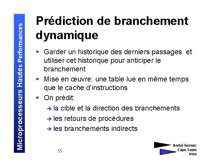 Microprocesseurs Hautes Performances Prédiction de branchement dynamique § Garder un historique des derniers passages