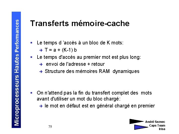 Microprocesseurs Hautes Performances Transferts mémoire-cache § Le temps d ’accès à un bloc de