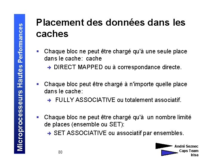 Microprocesseurs Hautes Performances Placement des données dans les caches § Chaque bloc ne peut