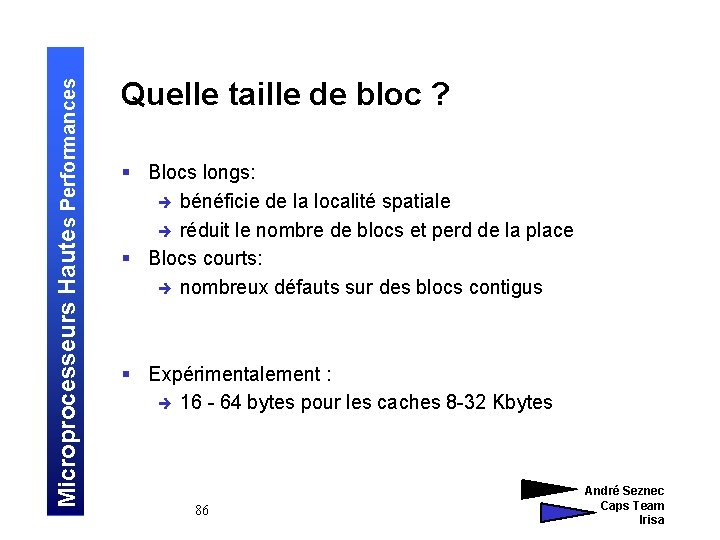 Microprocesseurs Hautes Performances Quelle taille de bloc ? § Blocs longs: è bénéficie de