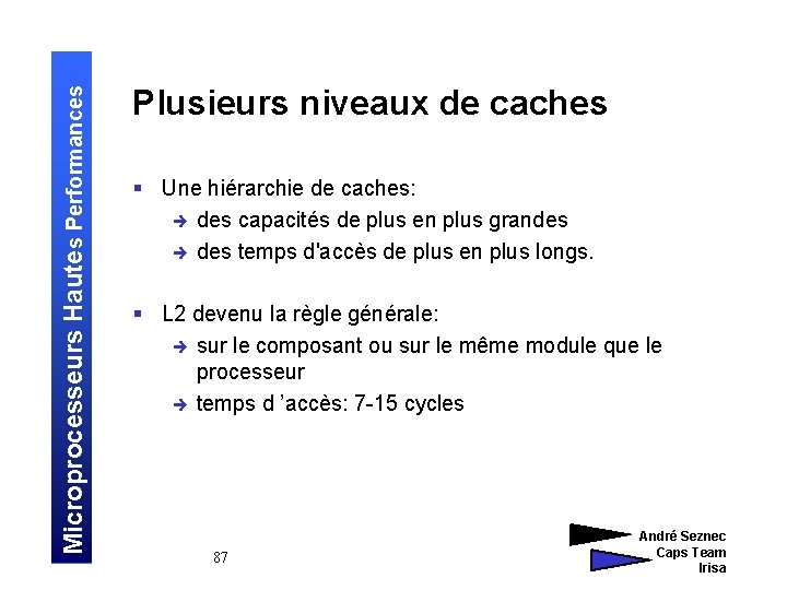 Microprocesseurs Hautes Performances Plusieurs niveaux de caches § Une hiérarchie de caches: è des