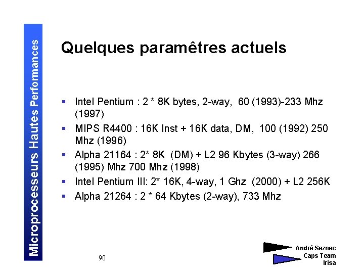 Microprocesseurs Hautes Performances Quelques paramêtres actuels § Intel Pentium : 2 * 8 K