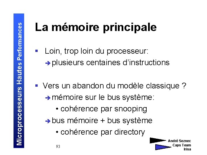 Microprocesseurs Hautes Performances La mémoire principale § Loin, trop loin du processeur: è plusieurs