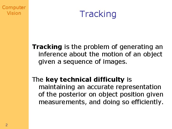 Computer Vision Tracking is the problem of generating an inference about the motion of