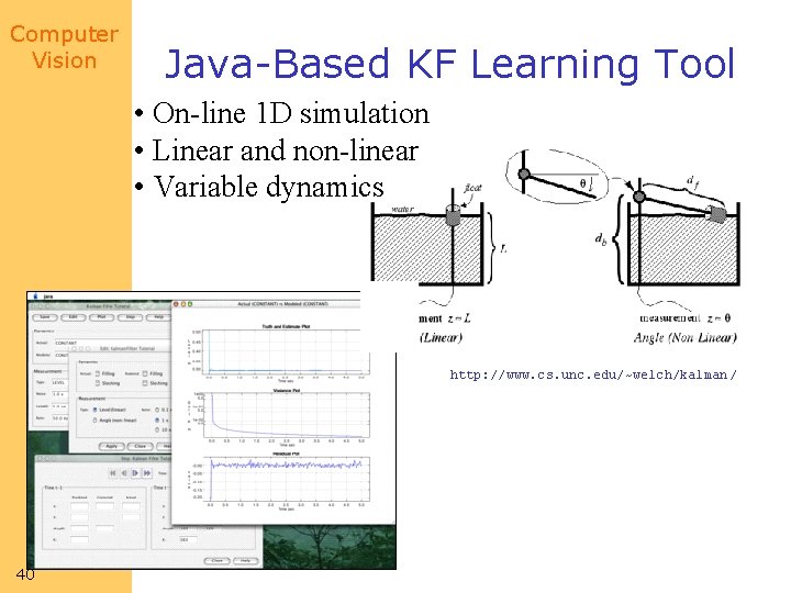 Computer Vision Java-Based KF Learning Tool • On-line 1 D simulation • Linear and