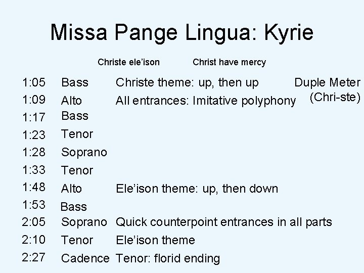 Missa Pange Lingua: Kyrie Christe ele’ison 1: 05 1: 09 1: 17 1: 23