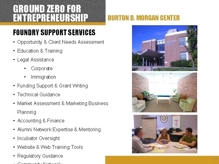 GROUND ZERO FOR ENTREPRENEURSHIP BURTON D. MORGAN CENTER FOUNDRY SUPPORT SERVICES • Opportunity &