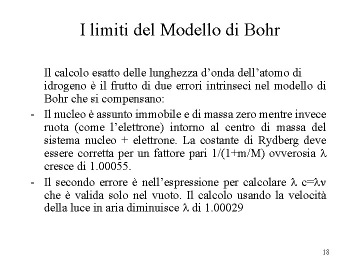 I limiti del Modello di Bohr Il calcolo esatto delle lunghezza d’onda dell’atomo di